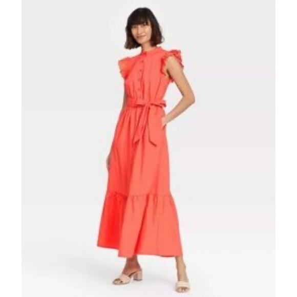 Who What Wear Maxi Dress Size Medium Coral Cap Sleeve Tiered Belt Coastal Spring - Picture 1 of 8